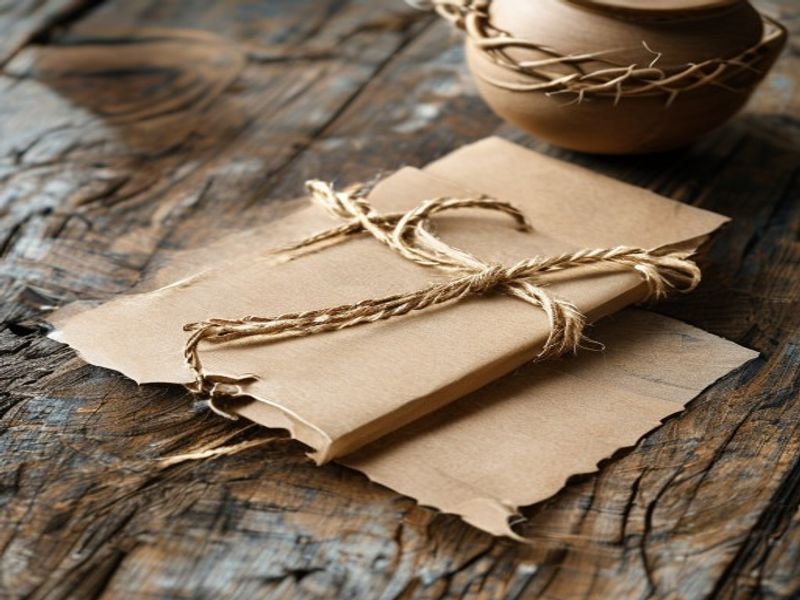 Handmade workshop gift vouchers wrapped with kraft paper and twine on a rustic wood table